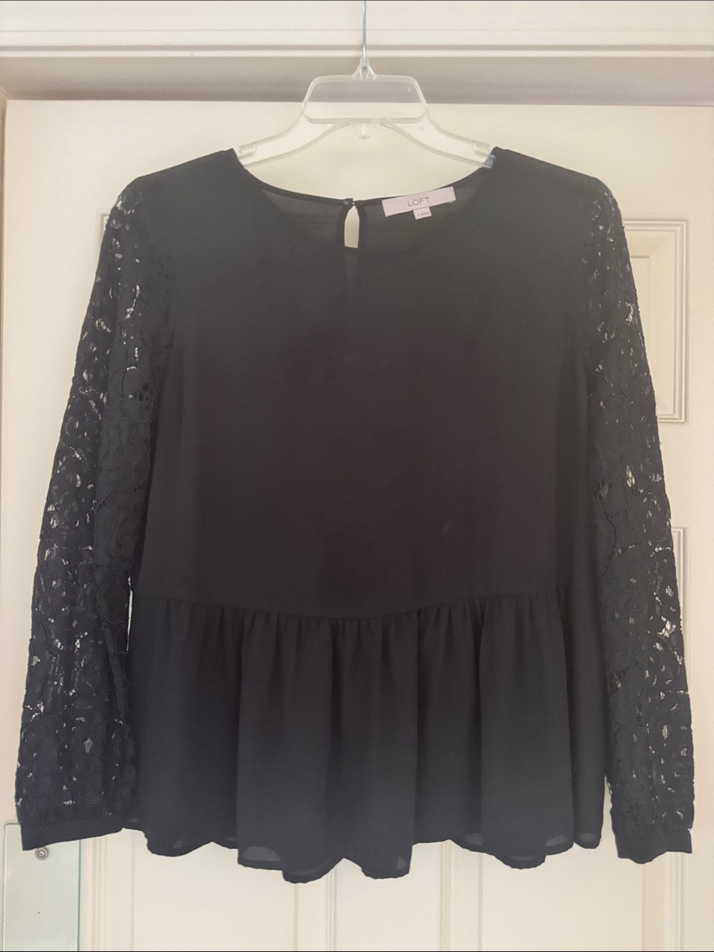 LOFT Black Peplum Blouse with Lace Sleeves